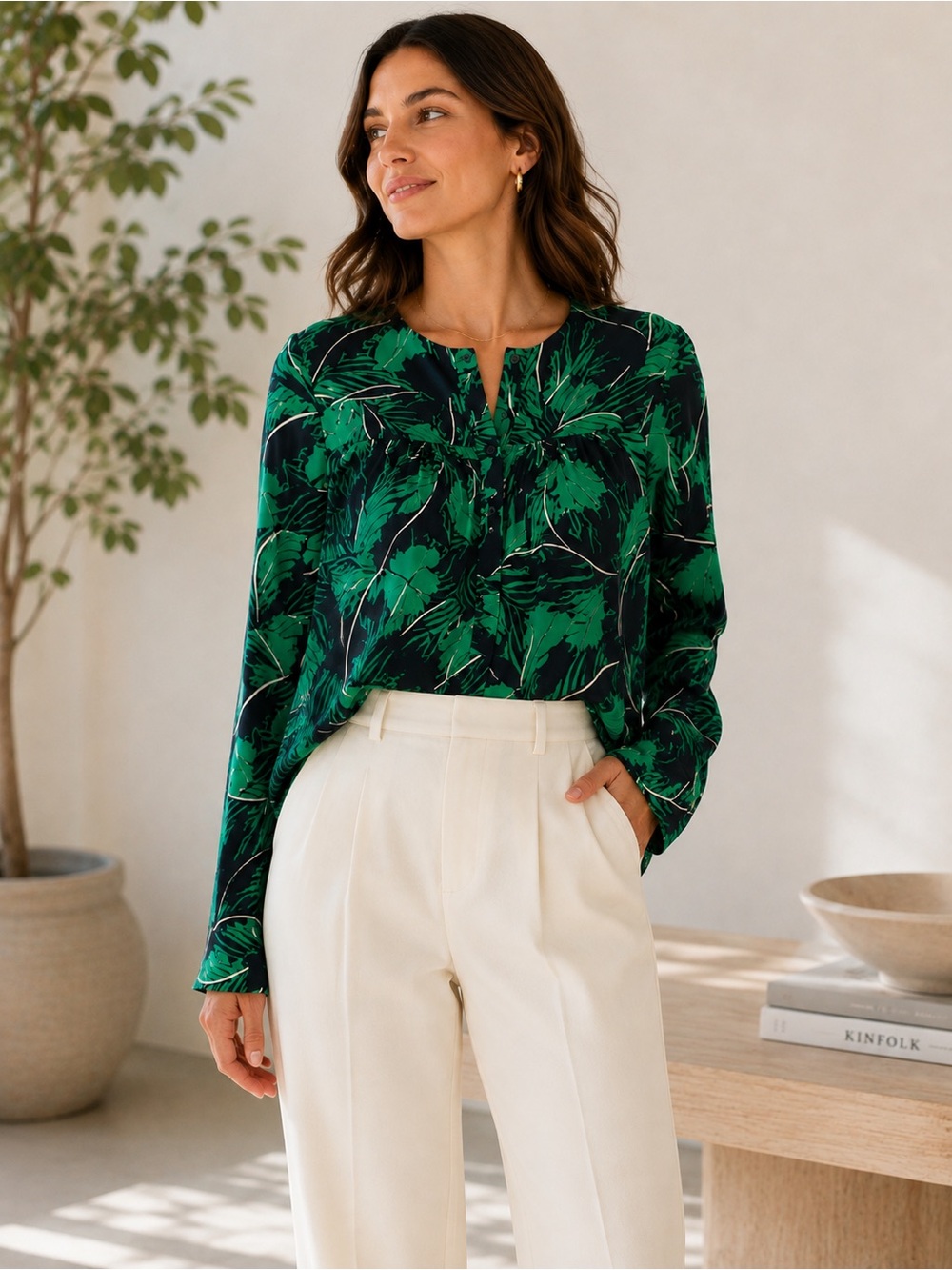 Equipment Green Leaf-Print Long Sleeve Blouse - Size M